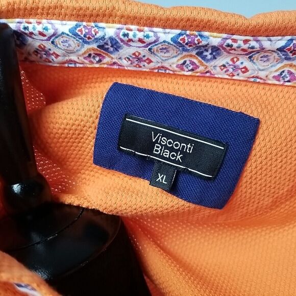 Visconti Black 1/4 Button Polo Shirt Mens XL Orange w/ Print Jacquard Interlock - Picture 6 of 7